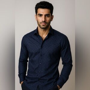 ✨ Tommy Hilfiger Men’s Button-Up Long Sleeve Shirt – Blue & White Dotted Floral✨